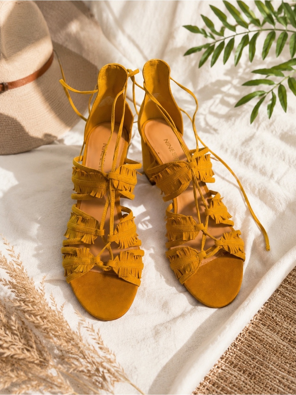 Nine West Mustard Yellow Fringe Lace-Up Block Heel Sandals Women’s Size 7.5M